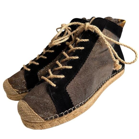 Stuart Weitzman Espadrille Black Glitter High Top Lace Up Sneaker Boho Designer - Picture 13 of 16